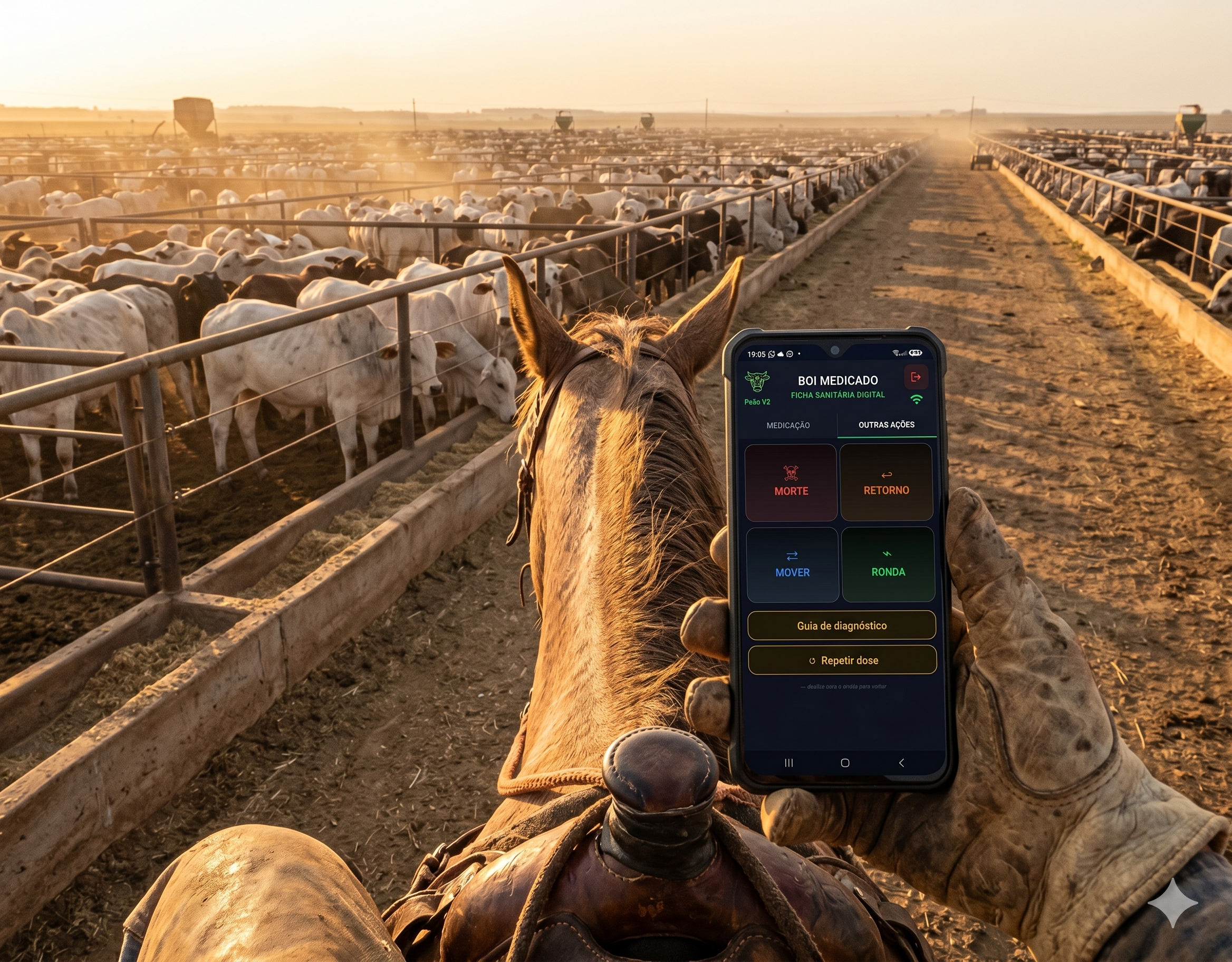 Peão no campo usando o app Boi Medicado